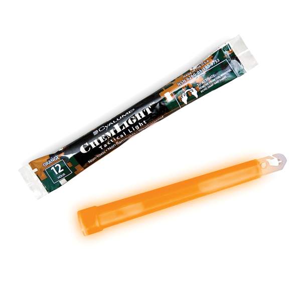 Orange Cyalume 12-hour ChemLight with its foil wrapper