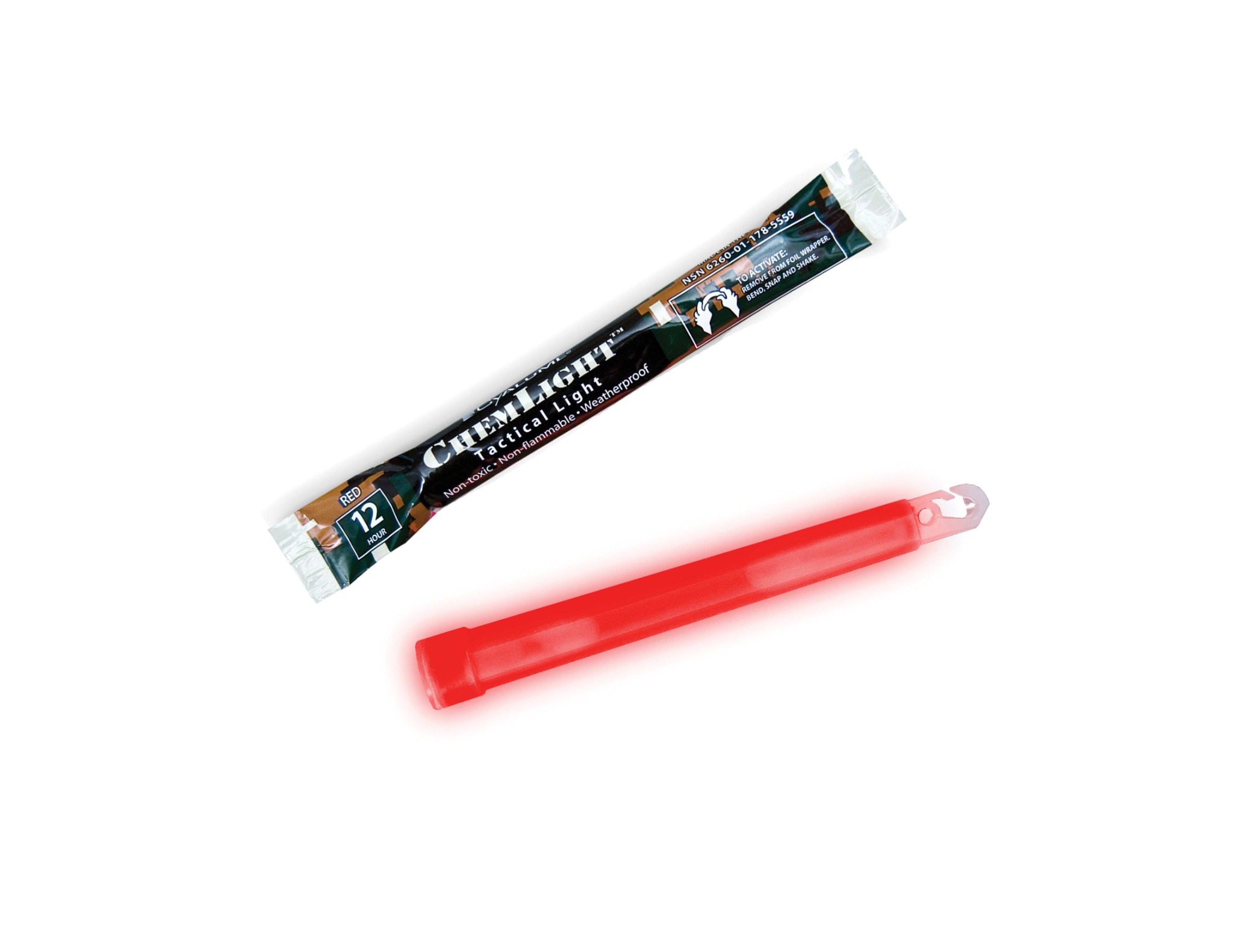 Red Cyalume 12-hour ChemLight with its foil wrapper