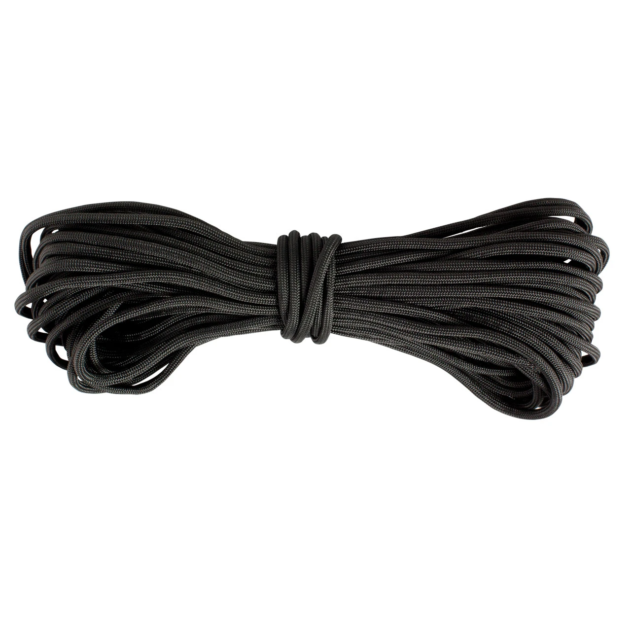 Black braided 550 paracord in a coiled bundle